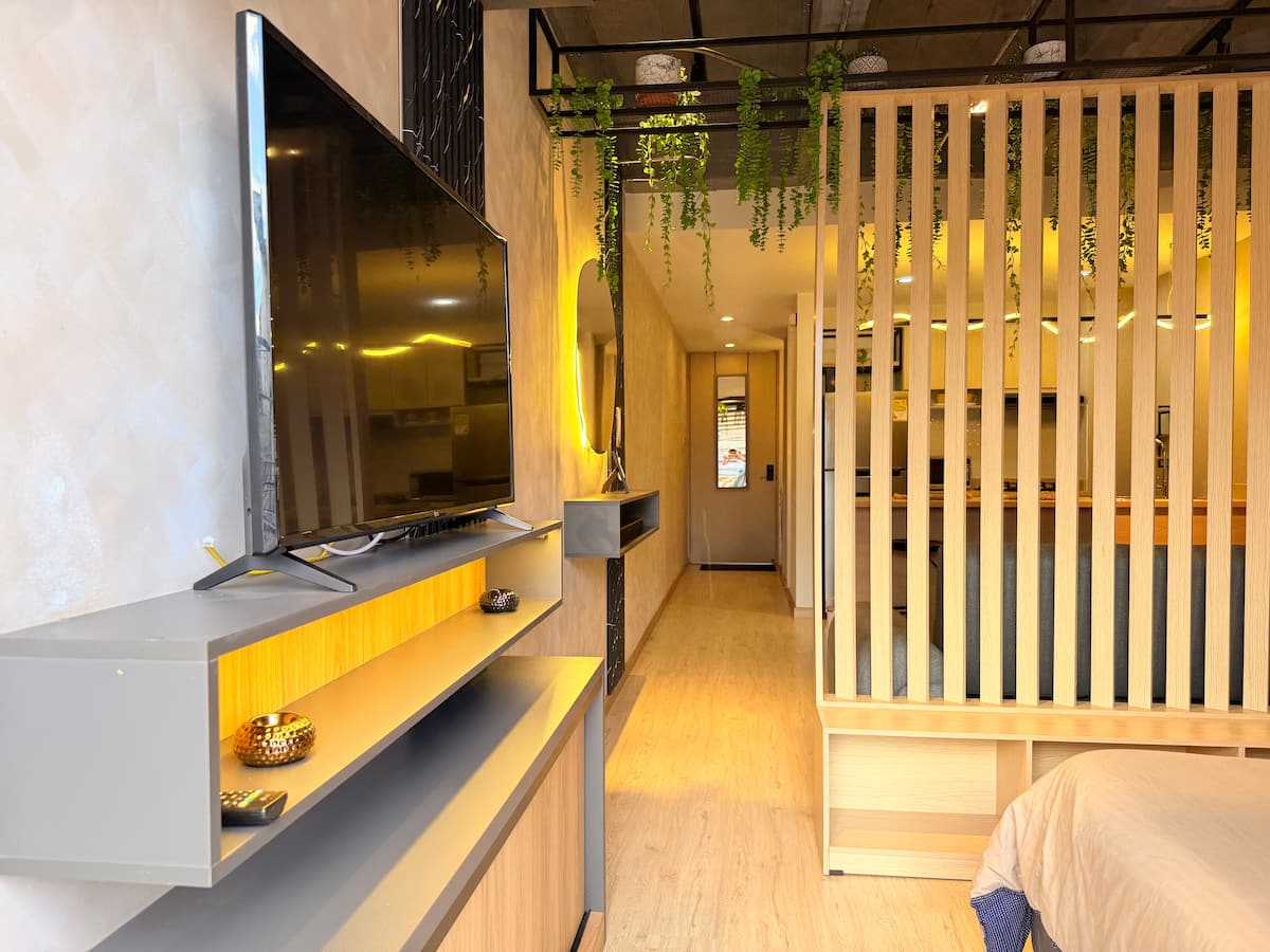 Pasillo del apartamento con televisor, plantas colgantes y biombo de listones de madera
